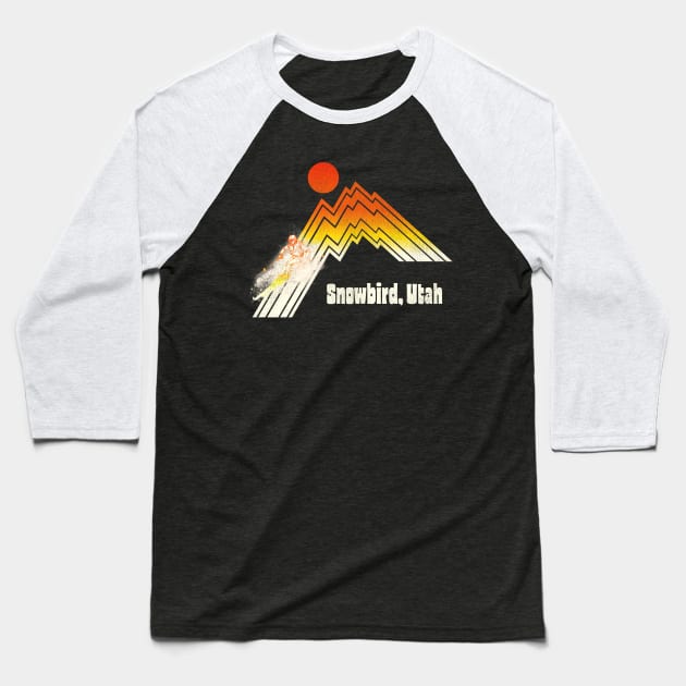 Snowbird Utah 70s/80s Retro Souvenir Style Skiing Baseball T-Shirt by darklordpug